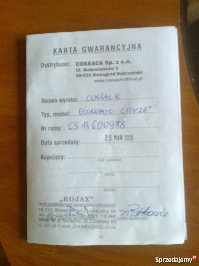 Rower DamkaCOSSAK ECONOMIC CITY 26 podkarpackie sprzedam