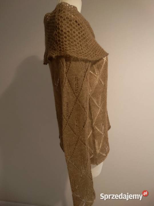 Sweter Moherowy Wełniany Ażurowy Camelowy Łomża