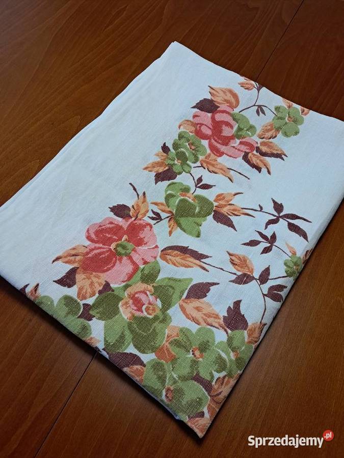 Obrus lniany biały w kolorowe kwiaty 166 x 130 Kraków