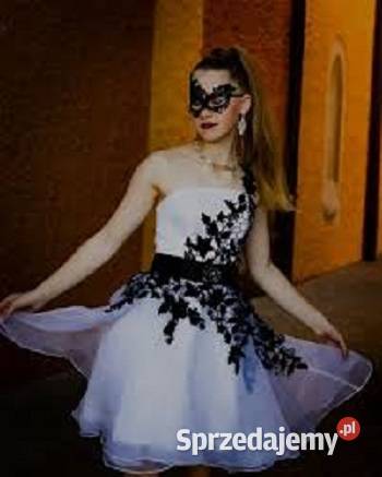 Sukienka biała z czarną koronką 40 tiul wesele