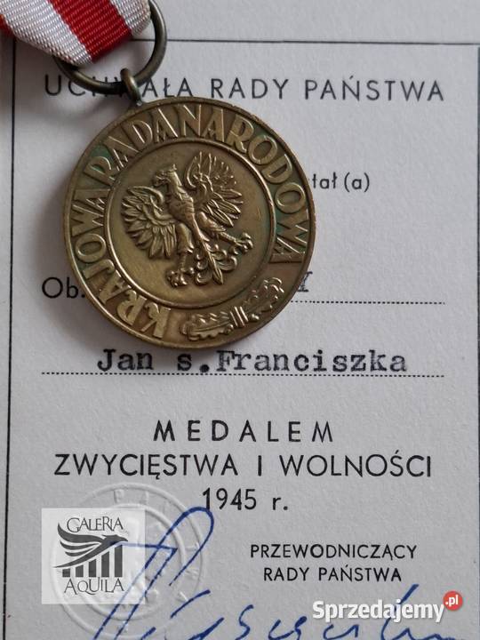 Medal Zwycięstwa I Wolności 1945 dokument podpis Militaria Wejherowo