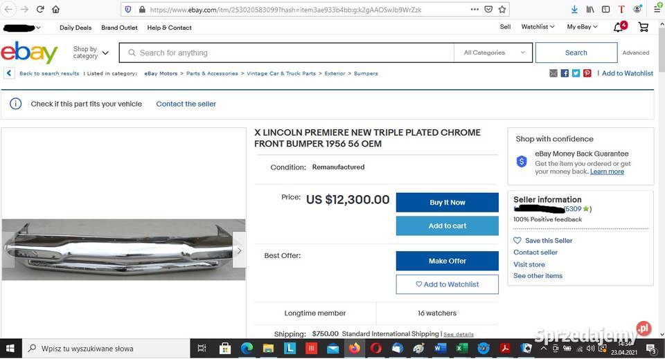 Zderzak przedni Bumper Lincoln Premier 1956 Nowy Będzin