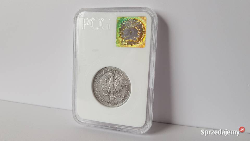 5 złotych Rybak 1958 wąska 8 AU55 holder PCG PRL Numizmatyka Dąbrowa Górnicza