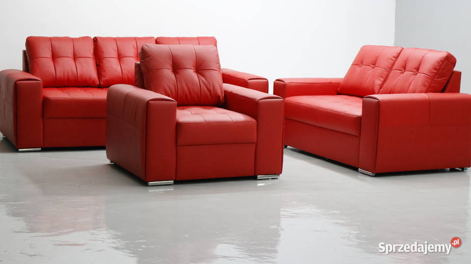 KOMPLET 321 sofy kanapy zestaw czerwona SKÓRA Poznań