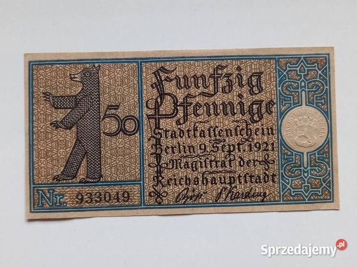 Trzy banknoty 50 Pfennig 1921 r miasta Berlin Koszalin