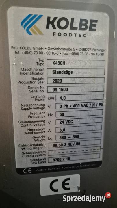 Kolbe K430H Piła taśmowa do mięsa i kości 2020 Biznes i Przemysł Krotoszyn sprzedam