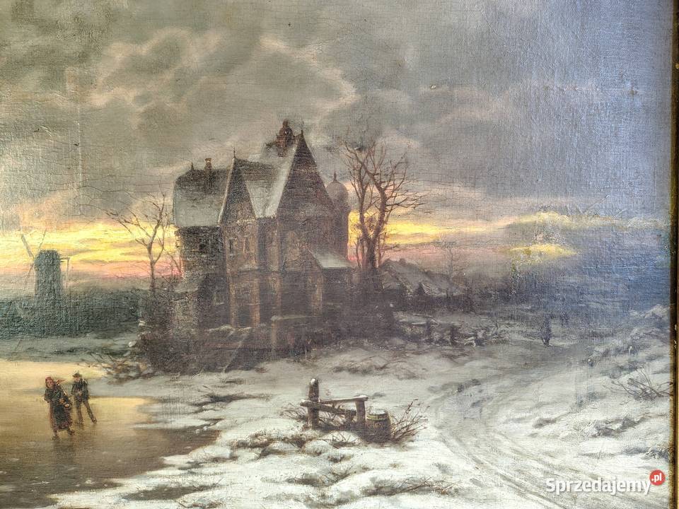 Stary obraz olejny Zima lodowisko