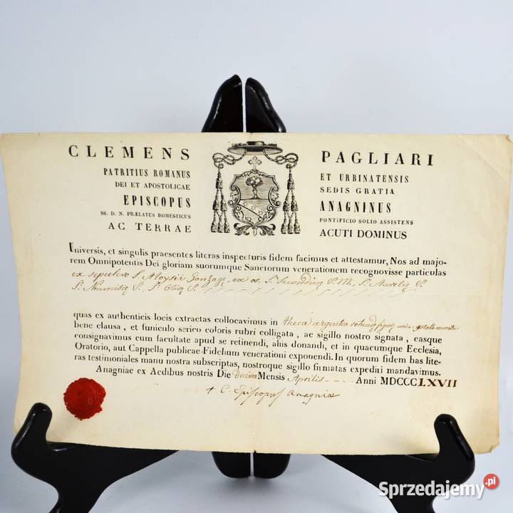 Certyfikat relikwii z 1867r wystawił Biskup Bronisze