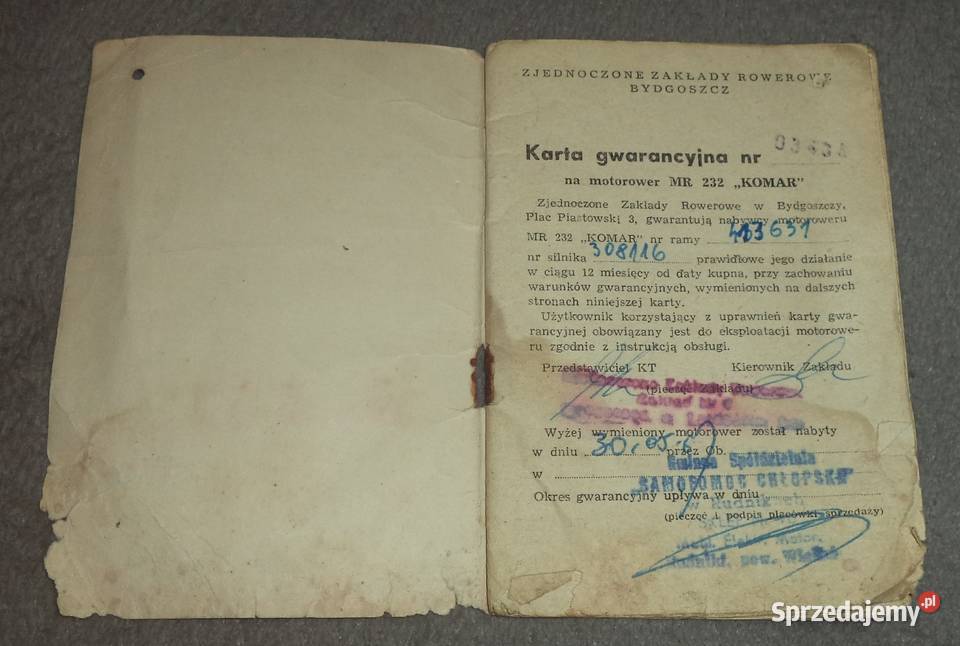 Komar Motorower MR 232 karta gwarancyjna 1967 Piekary Śląskie sprzedam