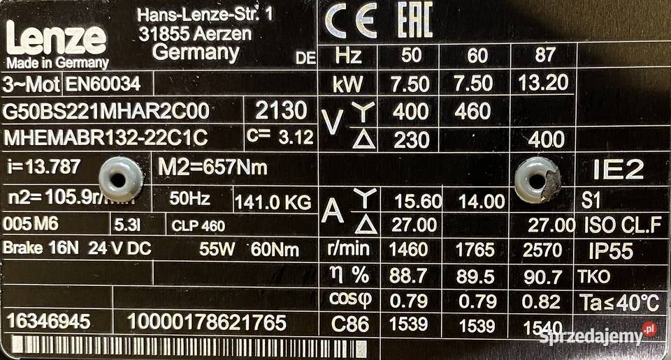 motoreduktor przekładnia 75kW 1059obr HAMULEC