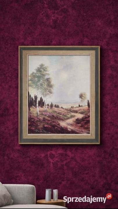 pejzaż wrzosowiska w drewnianej ramie utrzymany Pabianice