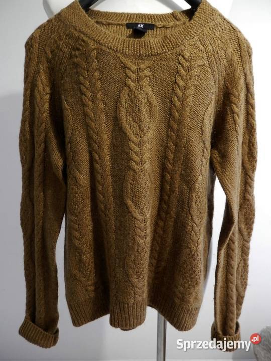 Sweter HM Musztardowy Moherowy Modne Warkocze Łomża