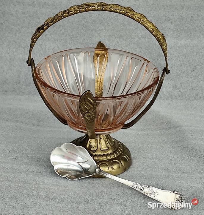 Mosiężna cukiernica z rozalinowym szklanym Sosnowiec