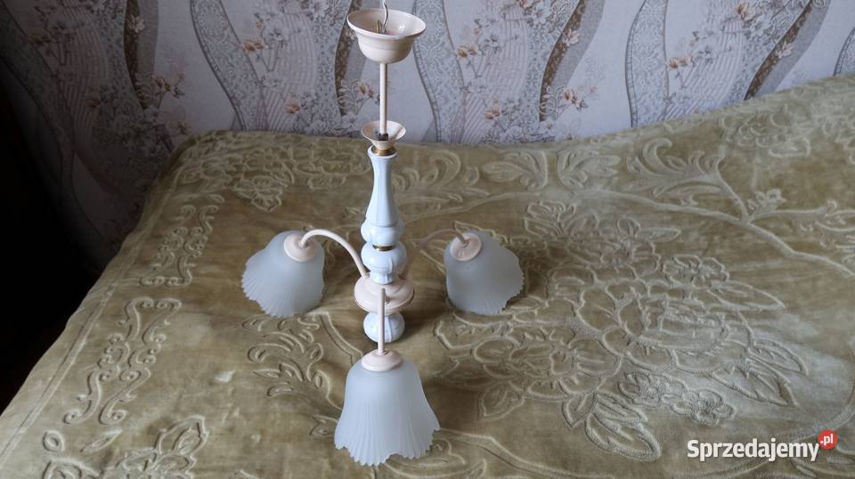 Żyrandol 3 Ramienny z Porcelitu Klosze Szkło PRL dolnośląskie Ziębice