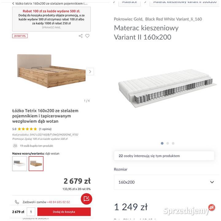 Łóżko 160x200 materac kieszeniowy nowe mazowieckie Siedlce sprzedam