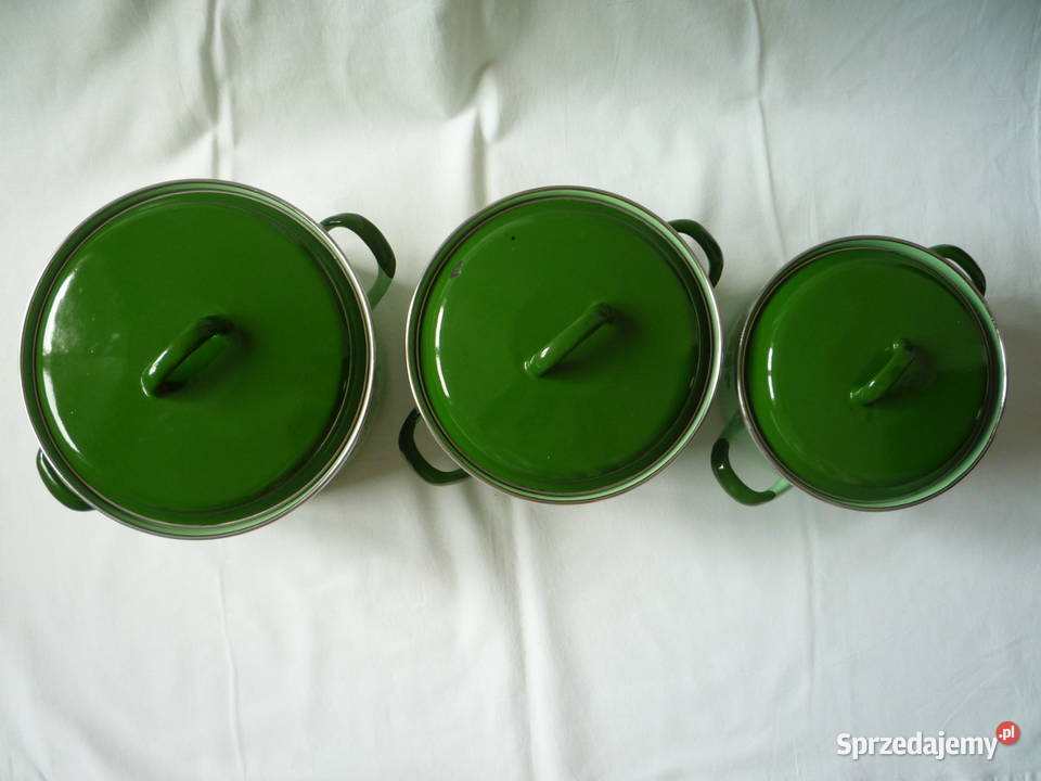 Komplet 3 garnki emaliowane z pokrywkami PRL Szczecin sprzedam