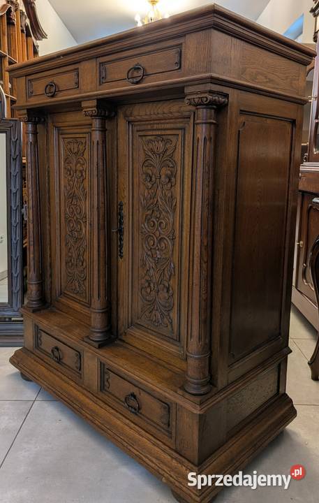 Piękna dębowa wysoka komodaszafka neorenesansowa Dąbrowa Górnicza