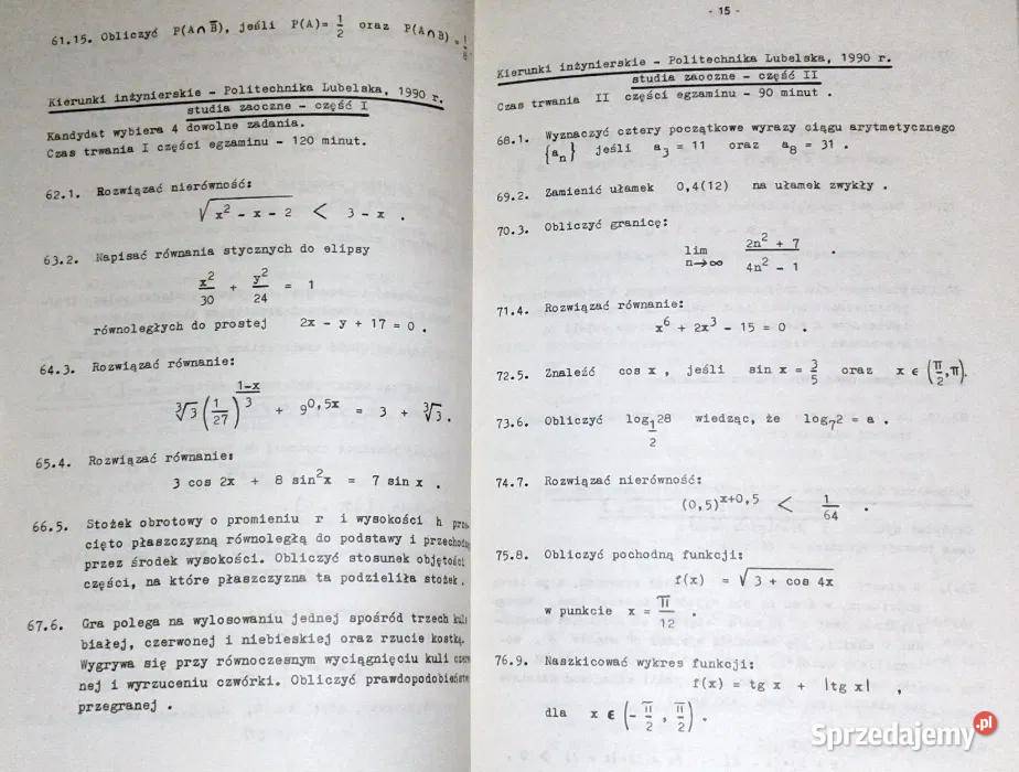 Matematyka Zestawy tematów egzam na wyższe Chełm sprzedam