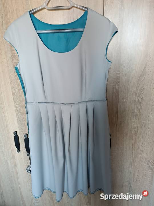 Niebieska sukienka koktajlowa odcięty pas Bez wzoru Spódnice i sukienki