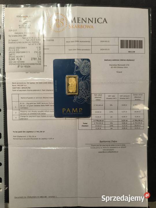 Sztabka złota PAMP 10g