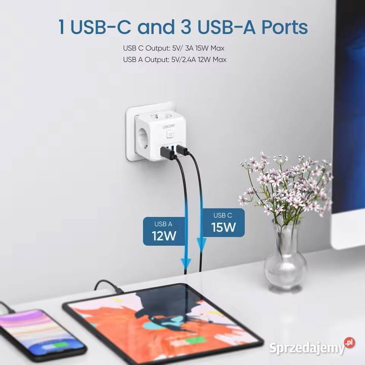 Wtyczka Ścienna LENCENT 7w1 3 Gniazda AC 3 USB Rzeszów