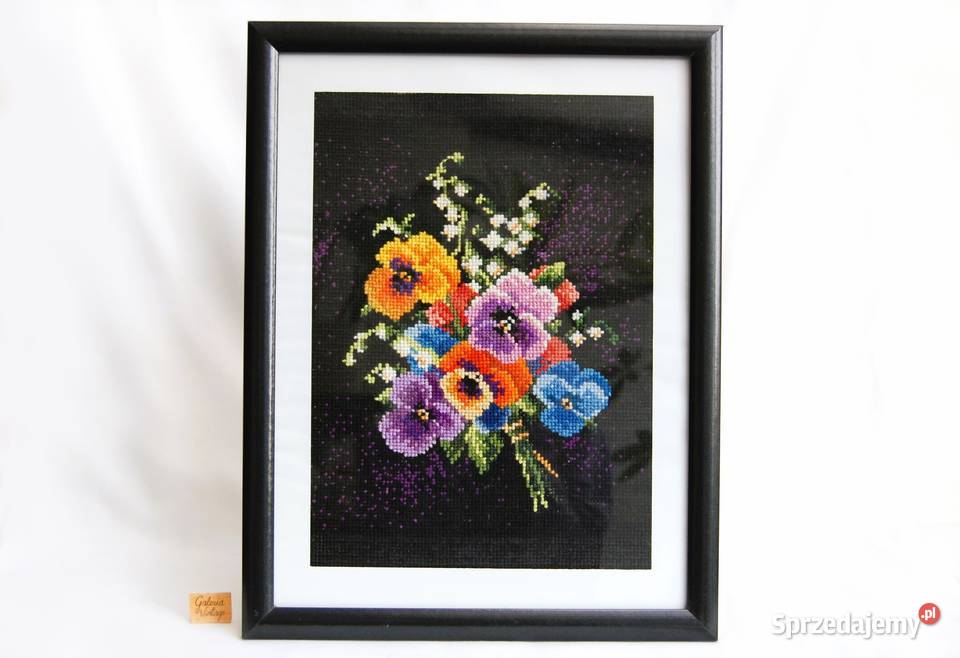 Bratki i konwalie bukiet obraz haftowany wielokolorowy Obrazki i obrazy sprzedam