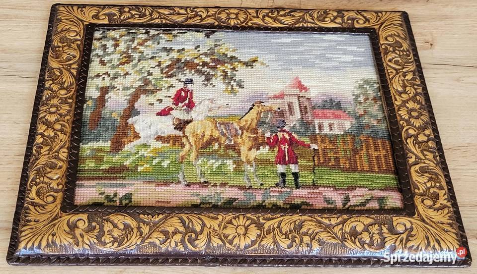 Stary obraz haftowany pejzaż z jeźdźcami w ramie Kraków