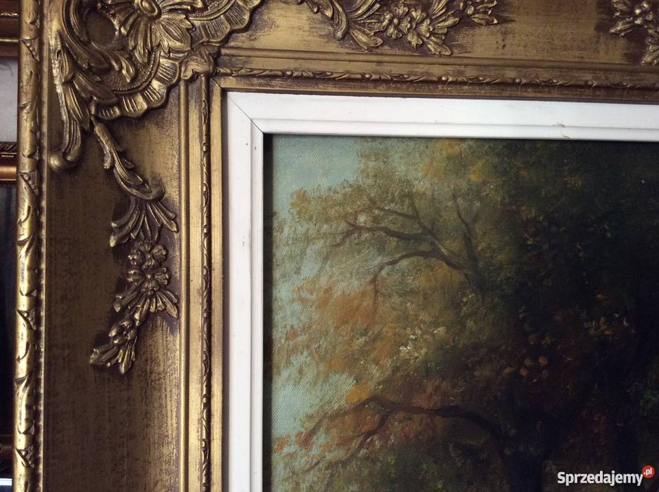 stary obraz olejny zaprzęg koński w lesie Wrocław