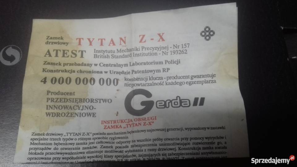 Zamek GERDA Tytan ZX śląskie Sosnowiec sprzedam