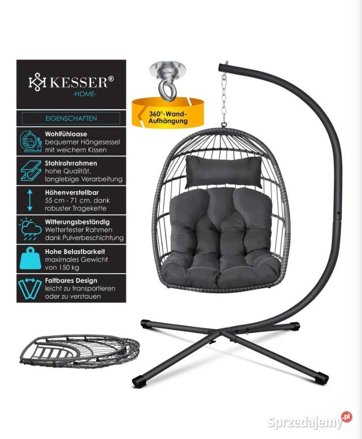 Fotel wiszący koszowy z dużymi poduszkami Brzeziny