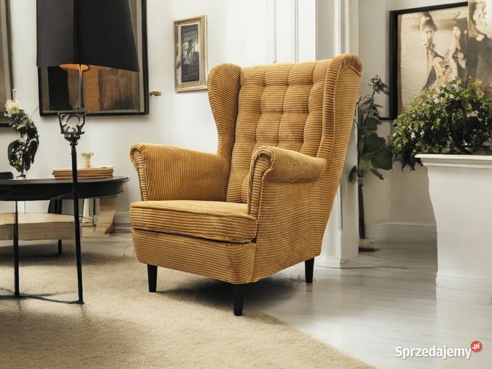 Fotel Uszak Skandynawski Sztruksowy Musztardowy