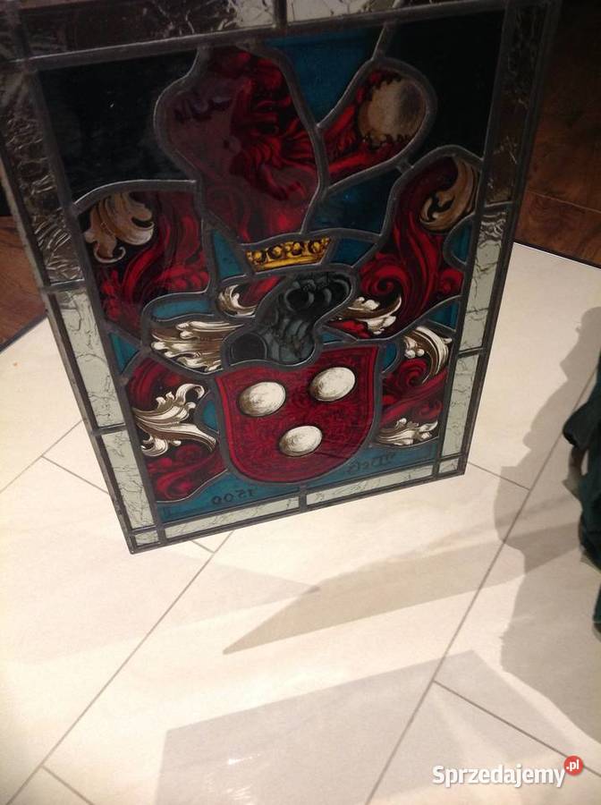 Duży Witraż Szklany STARY Sygnowany Szkło Cyna Nowa Sól