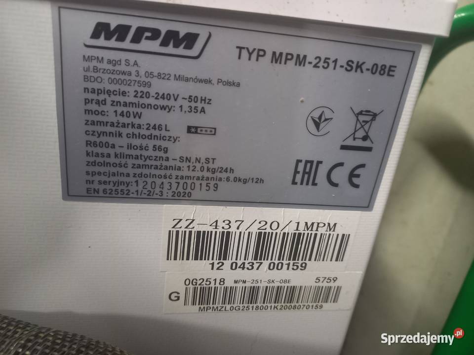 Zamrażarka wolnostojąca roczna MPM251SK08EN wolnostojące Puck