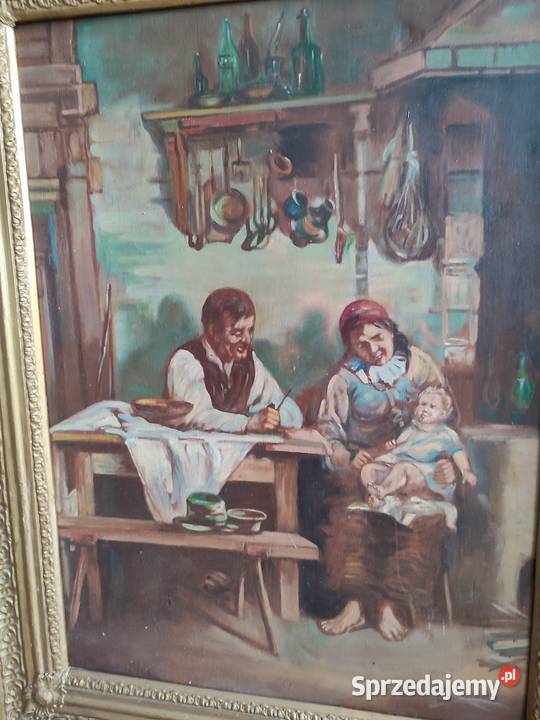 Obraz olejny scena rodzajowa sygnowana Mrozowicz Łódź