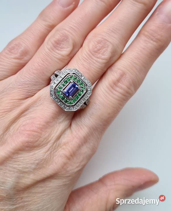 Srebrny pierścionek z tanzanitem tsavorytami i Otwock