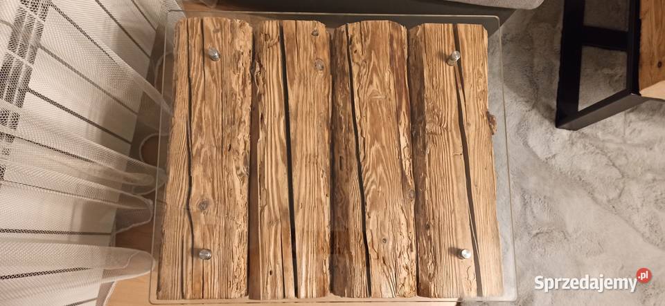 Stolik kawowy z starych belek loft z szybą Radgoszcz