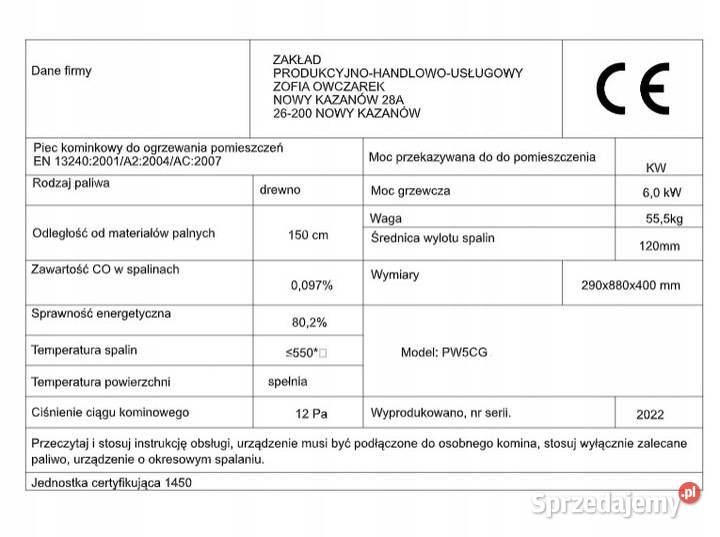 PIEC kominek STALOWY Z SZAMOTEM 6 kW PW5C EKO Piece wolnostojące Skawina