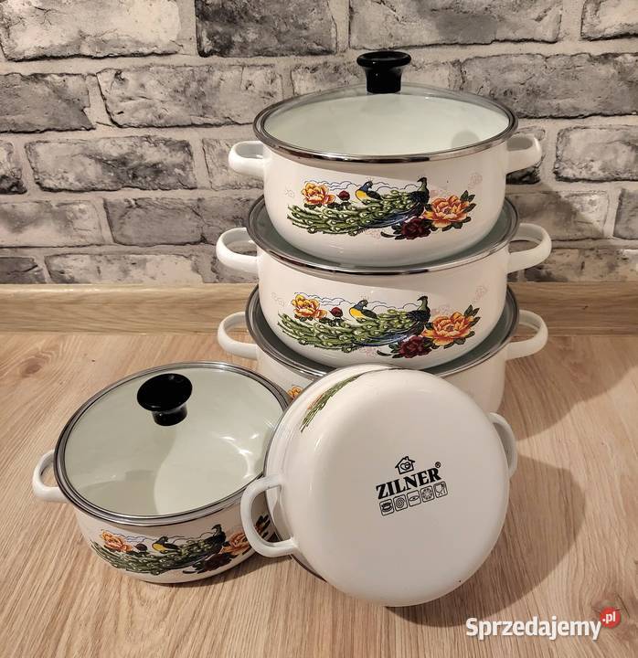 Garnki białe emaliowe w różnych wzorach