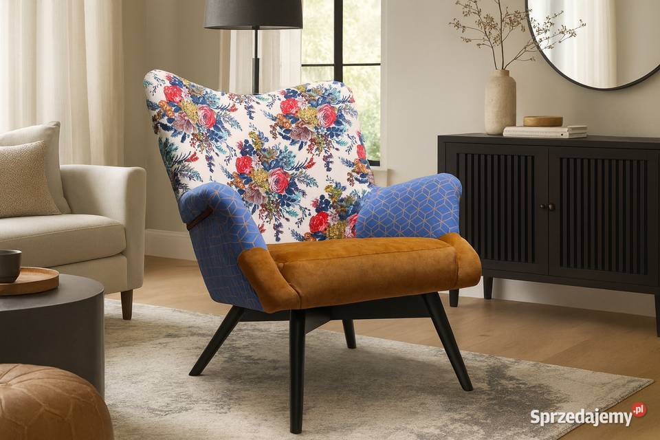 Fotel Patchwork Kolorowy w Kwiaty Dekoracyjny 84cm Fotele Kazimierz Biskupi