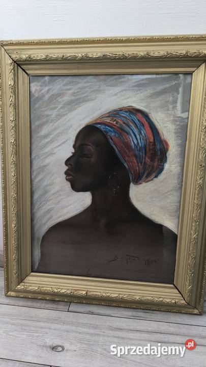 Stary oryginalny obraz pastela porter afrykanki Łódź