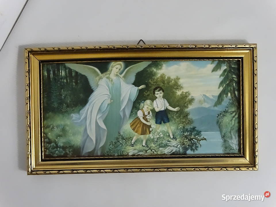 Stary obraz Anioł Stróż z dziećmi Retro oleodruk Biłgoraj