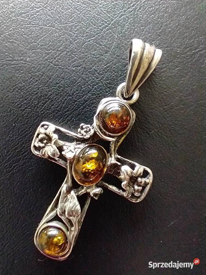 Unikatowy wisior krzyż srebro bursztyn