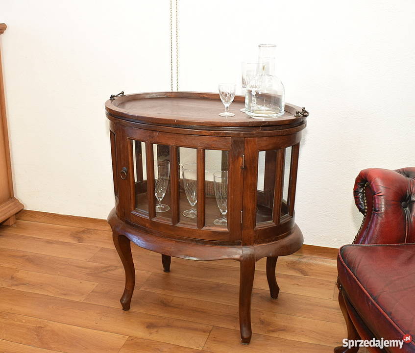 Kolonialny barek tekowy szafka z tacą stolik tek Świdnica