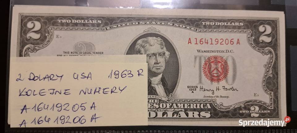 Banknoty 2 dolarowe 1963 UNC czerwona kolejne mazowieckie Warszawa