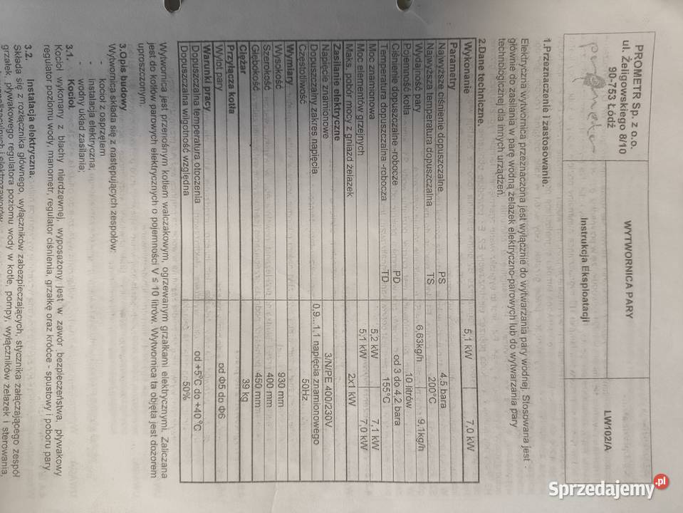 wytwornica pary 7kW PROMETR LW102 Kęty sprzedam