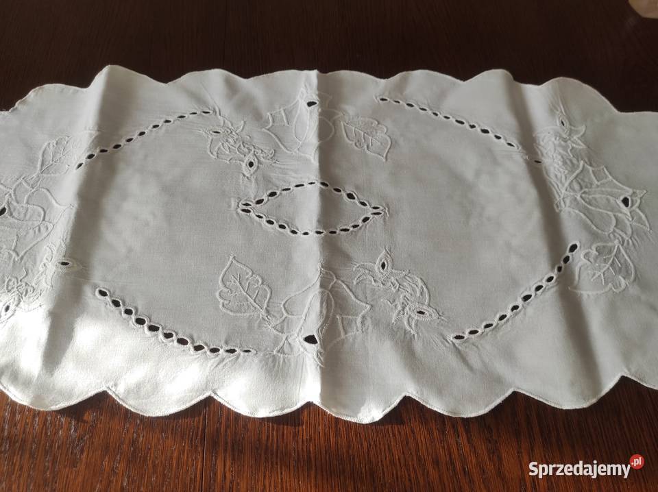 Bieżnik obrus bawełna haft Richelieu PRL Białystok
