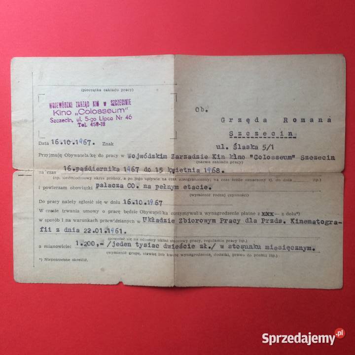 1657 Umowa O Pracę W Kinie Colosseum Szczecin