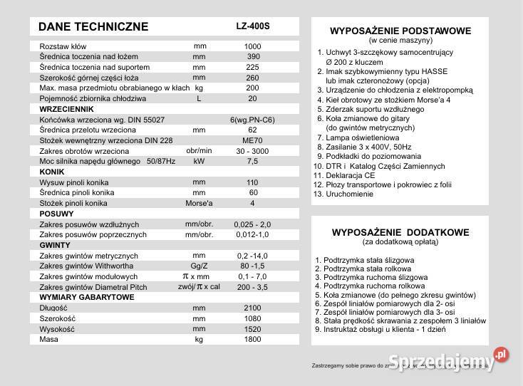 Tokarka uniwersalna LZ 400S x 1000 Polski Produkcja małopolskie