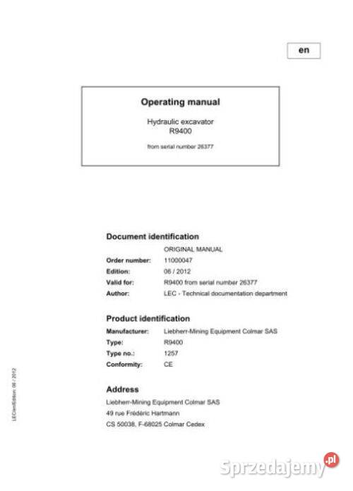 LIEBHERR R9400 instrukcja obsługi DTR Kielce