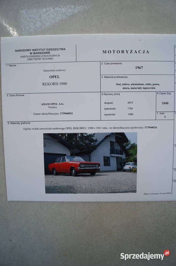 Zabytkowy Opel Rekord C 1967 94200km małopolskie Kraków